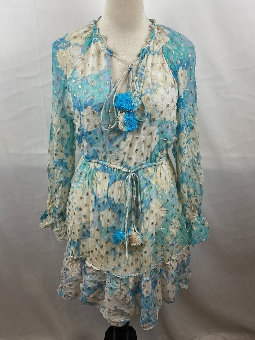 Hemant & Nandita Dress L Cream Blue Gold Tie Detail Elastic Waist